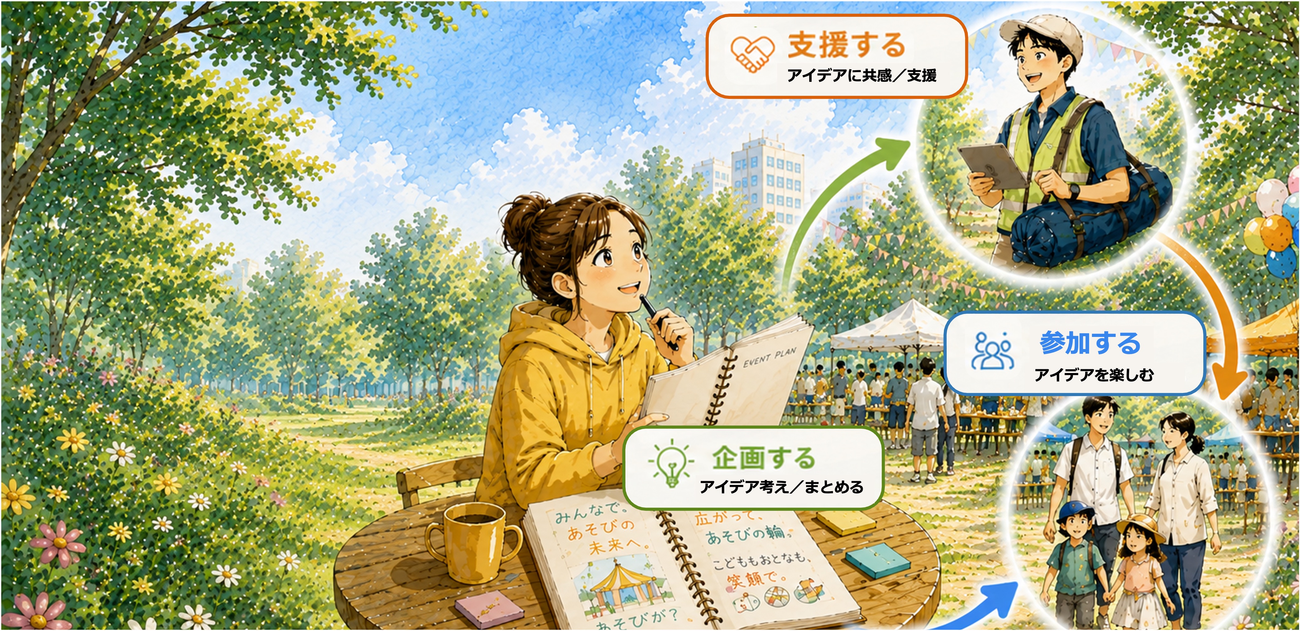 企画する・支援する・公開する流れを表したヒーロー画像
